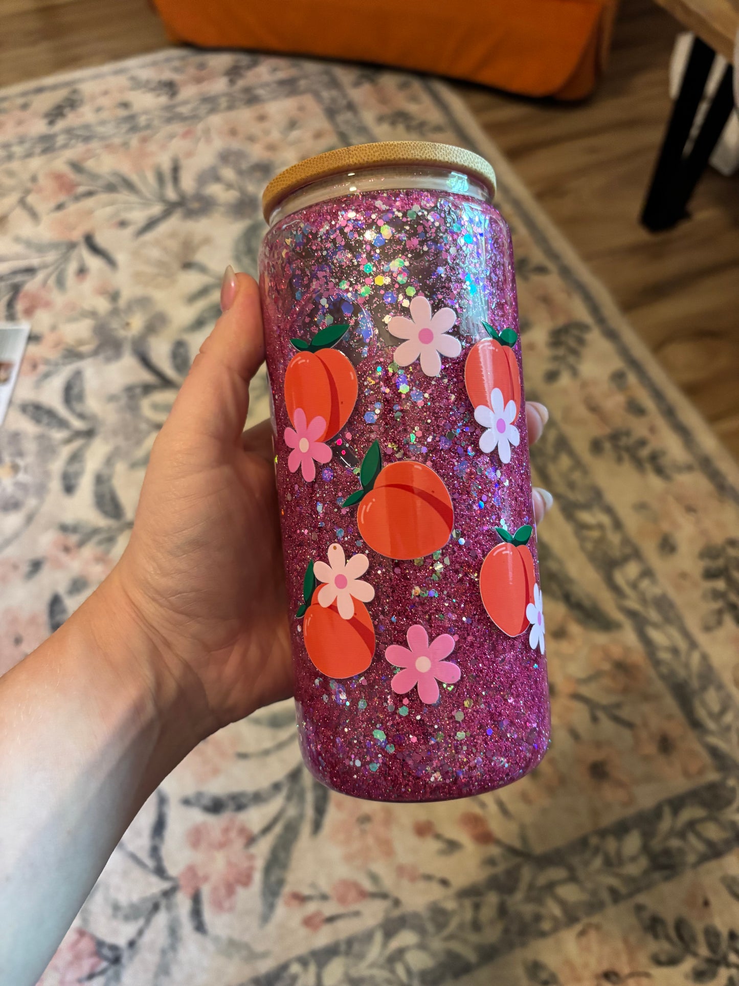 Peaches - snow globe beer can glass