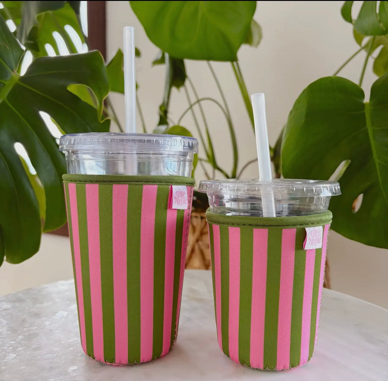 Iced Coffee Sleeve -SMALL SIZE pink green stripes