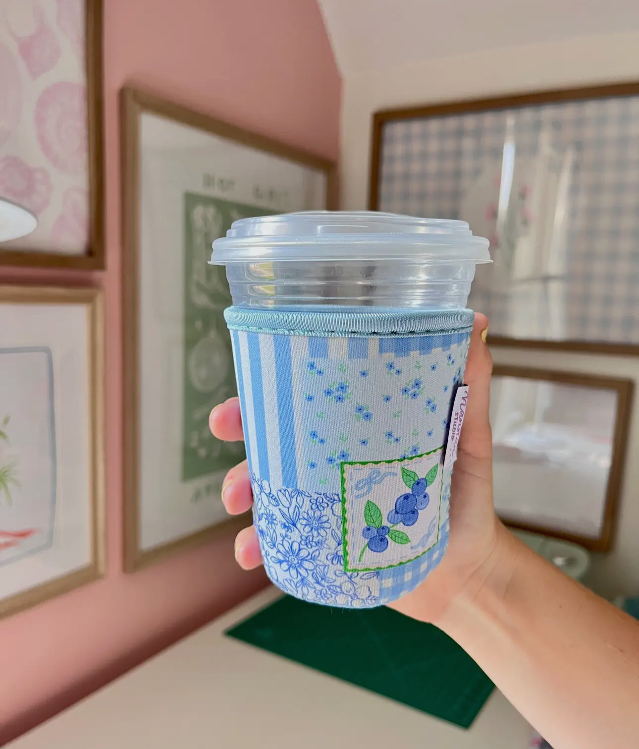 Iced Coffee Sleeve -SMALL SIZE Blueberry Patchwork