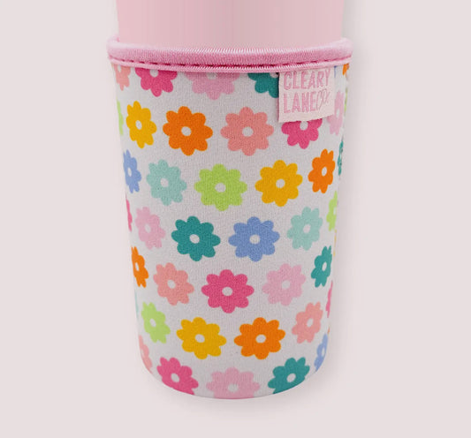 Iced Coffee Sleeve -SMALL SIZE White Flowers