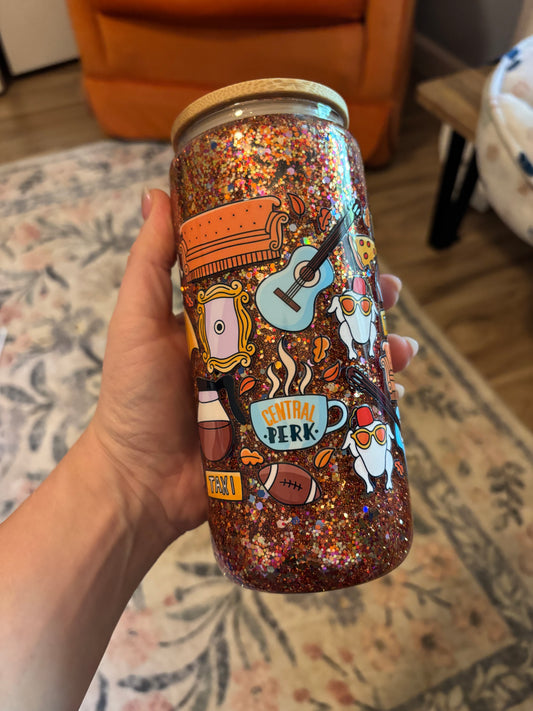 Friends Fall - snow globe beer can glass